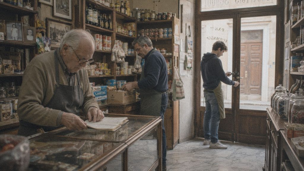 Trois générations d'une même famille préparent l'ouverture de leur boutique dans un centre historique italien.