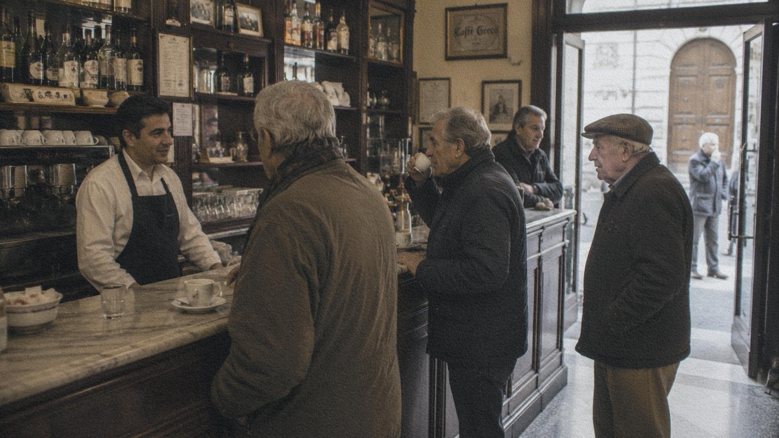 Des habitués prennent un espresso au comptoir d'un café de quartier en Italie.