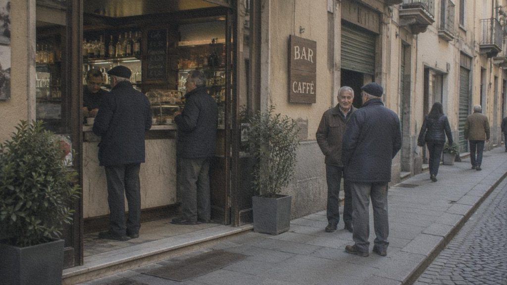 Un barista sert un espresso à un habitué dans un café italien.