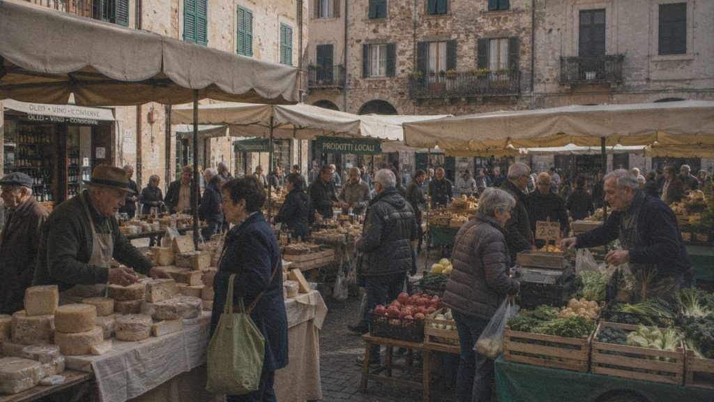 Marché de quartier italien où habitants et producteurs locaux échangent autour de spécialités régionales.