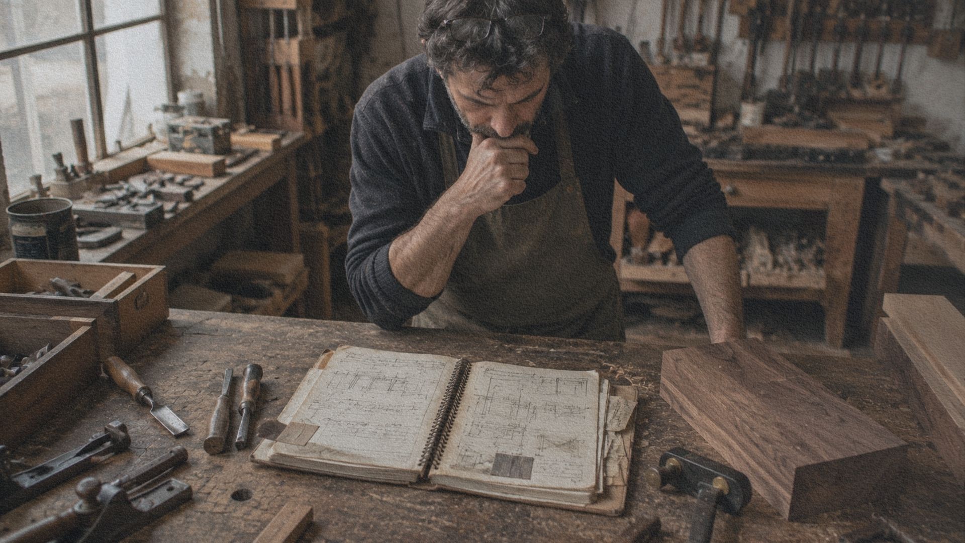 Artisan consultant un carnet d'atelier ancien avant de commencer un nouveau travail du bois.