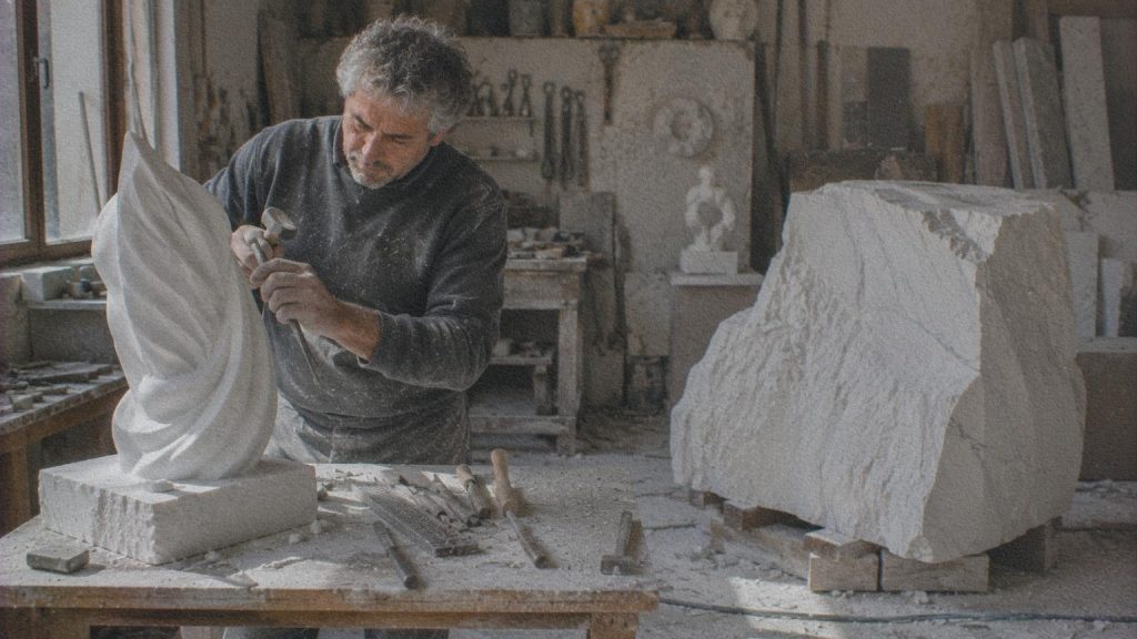 Artisan travaillant une sculpture en marbre dans un atelier traditionnel de Carrara.