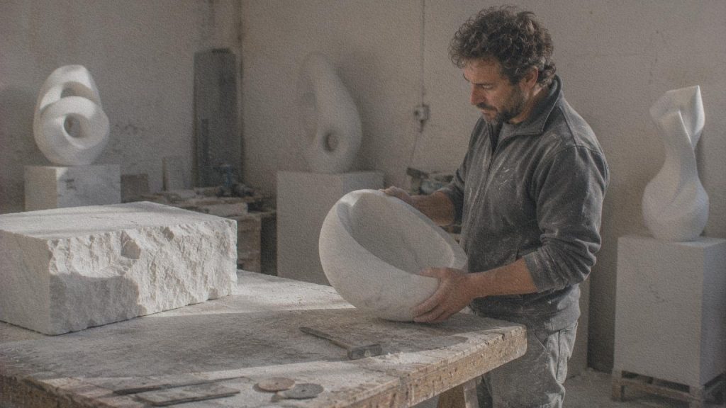 Sculpteur contemporain examinant une œuvre en marbre dans un atelier de Carrare.