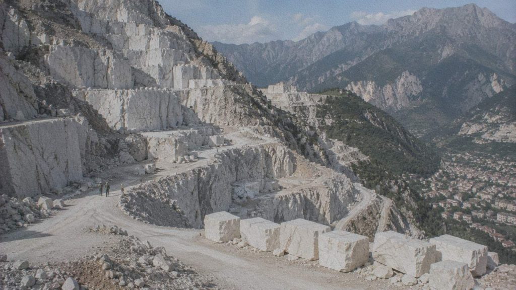Vue des carrières de marbre dominant la ville de Carrara dans les Alpes apuanes.