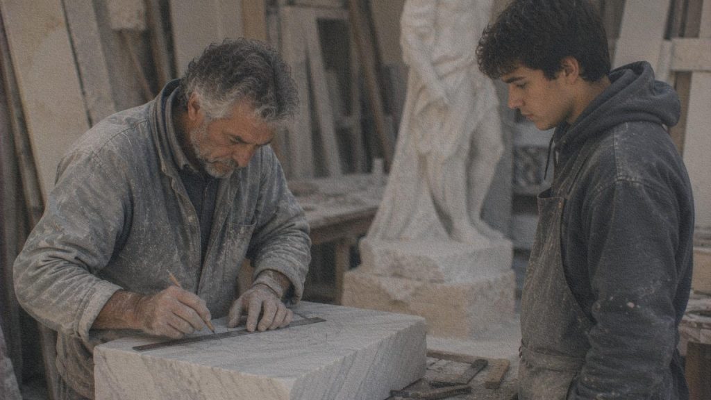 Maître marbrier transmettant son savoir-faire à un apprenti dans un atelier de Carrare.