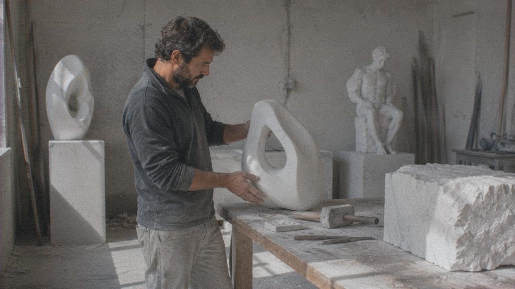 Sculpteur contemporain examinant une œuvre en marbre dans un atelier de Carrara.
