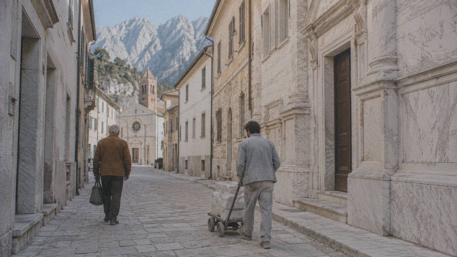 Rue du centre historique de Carrara avec un artisan transportant une pièce de marbre, les Alpes apuanes en arrière-plan.