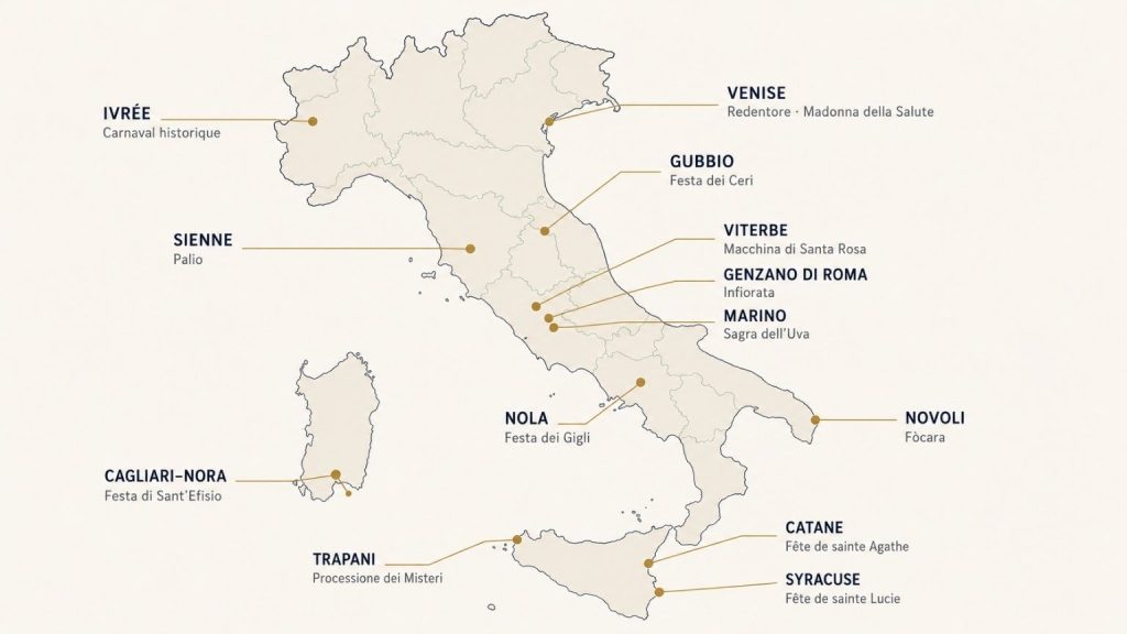 Carte de l’Italie situant les fêtes traditionnelles présentées dans l’article, avec le nom des villes et des célébrations.