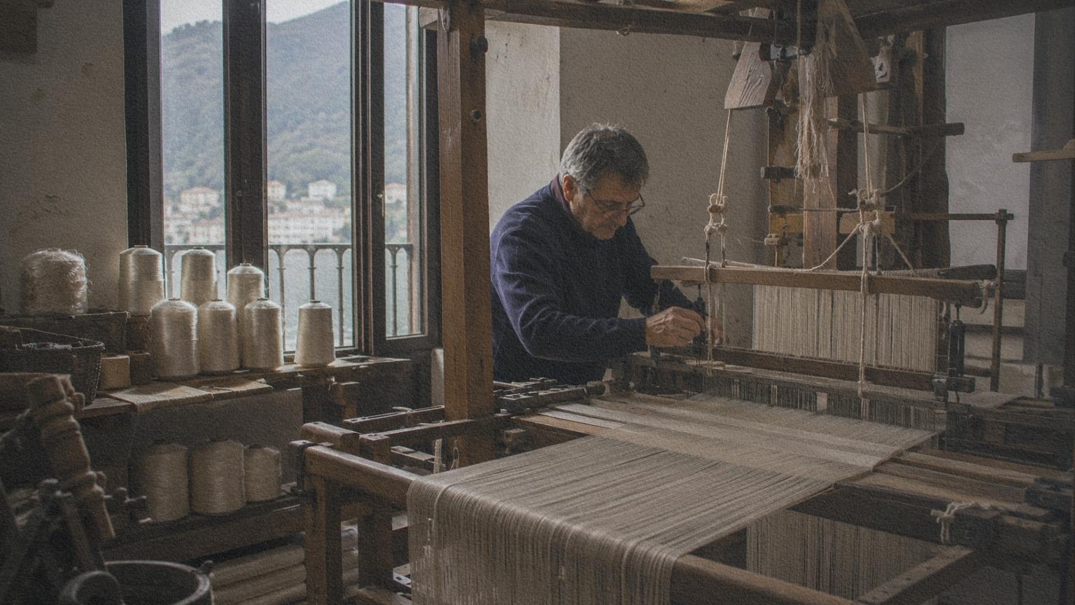 Artisan travaillant sur un métier à tisser la soie dans un atelier historique de Côme.