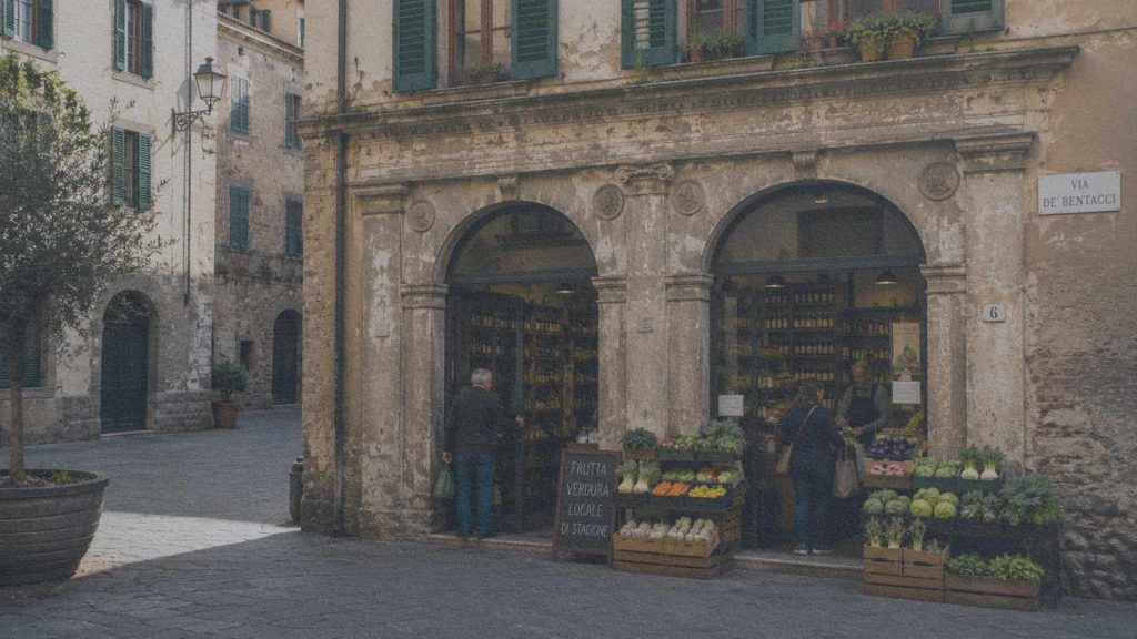Commerce de quartier installé au rez-de-chaussée d'un bâtiment historique italien toujours habité.