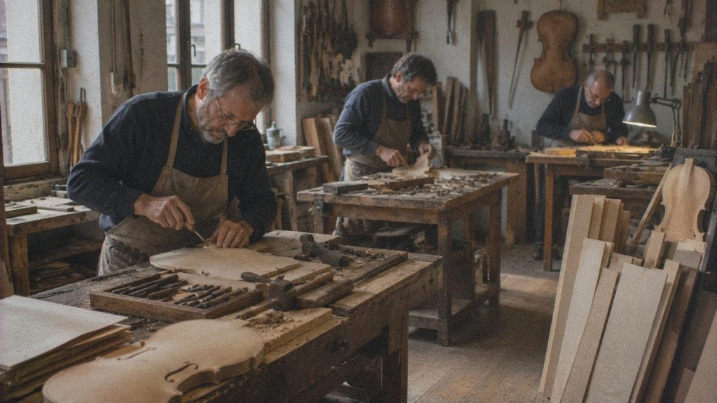 Luthiers travaillant dans un atelier traditionnel de fabrication de violons à Crémone.