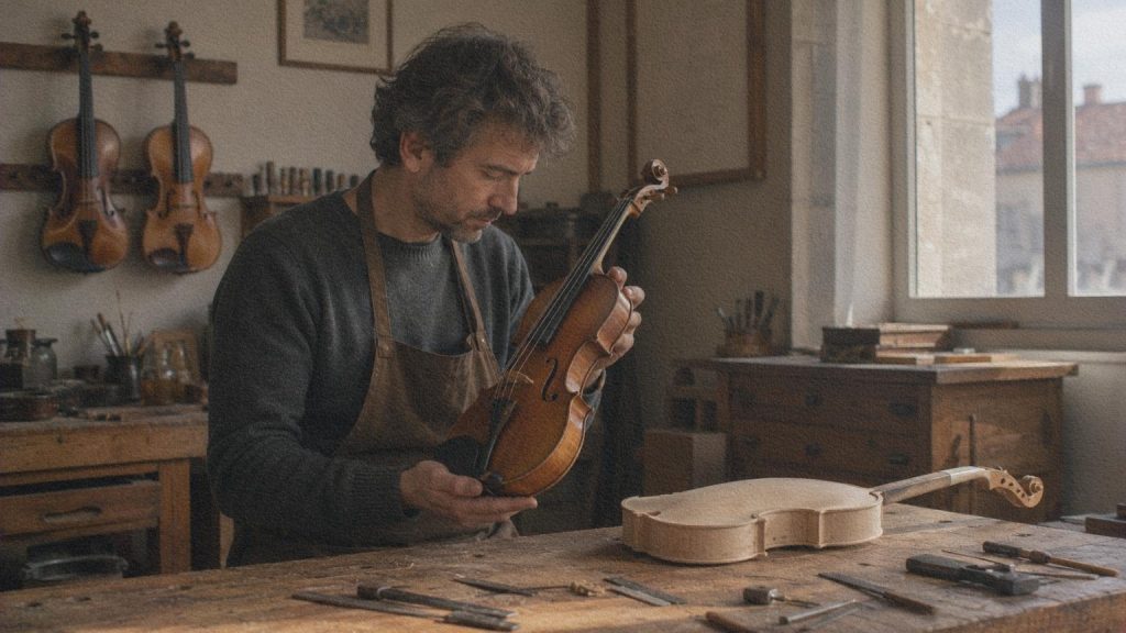 Luthier contemporain examinant un violon terminé dans un atelier de Crémone.