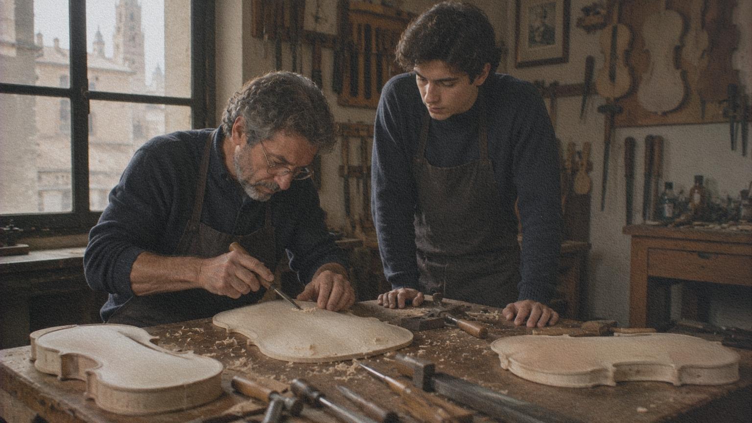 Luthier façonnant la table d'harmonie d'un violon dans un atelier traditionnel de Crémone.