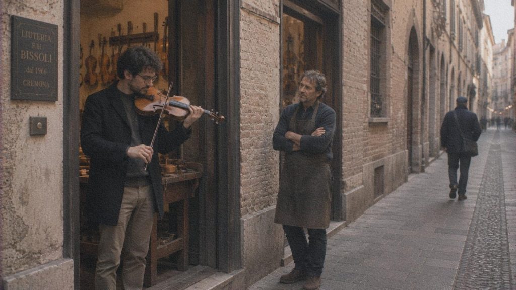 Musicien essayant un violon devant un atelier de lutherie à Crémone.