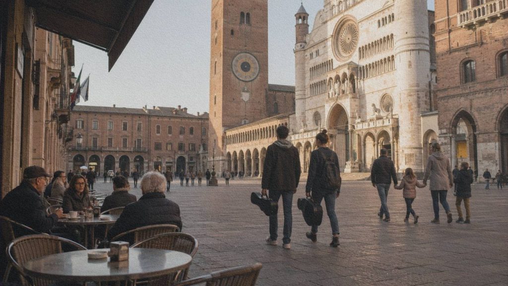 Habitants et étudiants traversant la Piazza del Comune à Crémone.