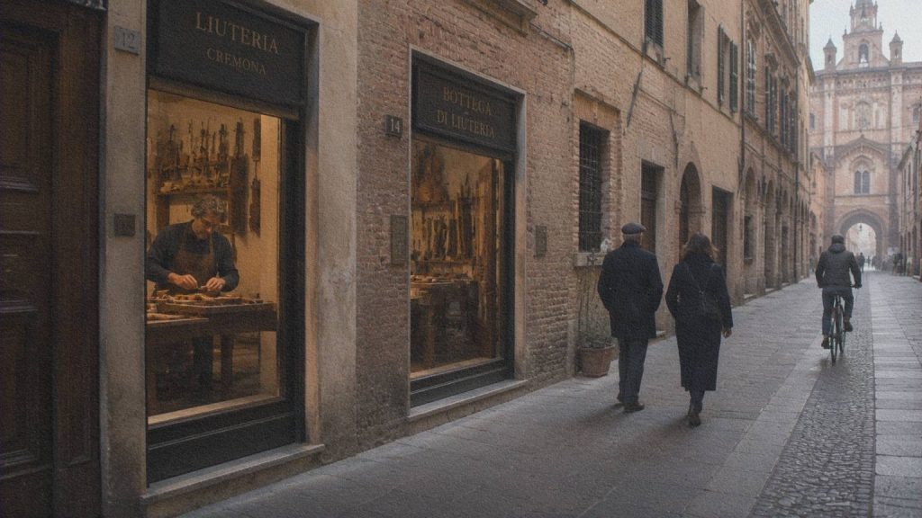 Rue du centre historique de Crémone avec plusieurs ateliers de lutherie.