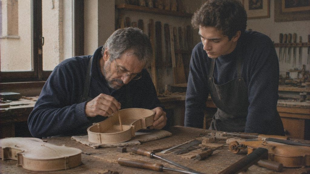 Maître luthier transmettant son savoir-faire à un apprenti dans un atelier de Crémone.