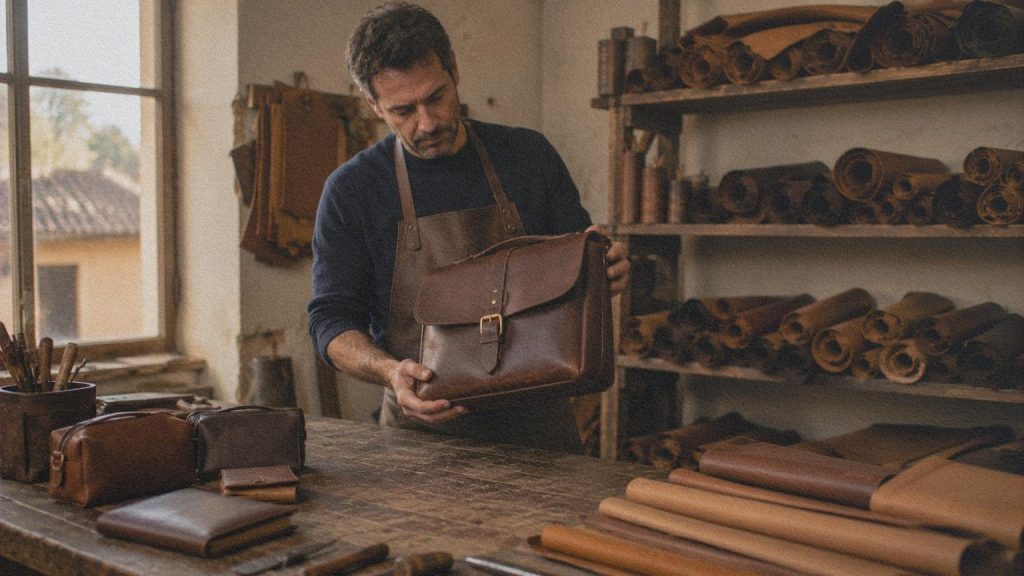 Artisan inspectant un sac en cuir terminé dans un atelier contemporain de Toscane.
