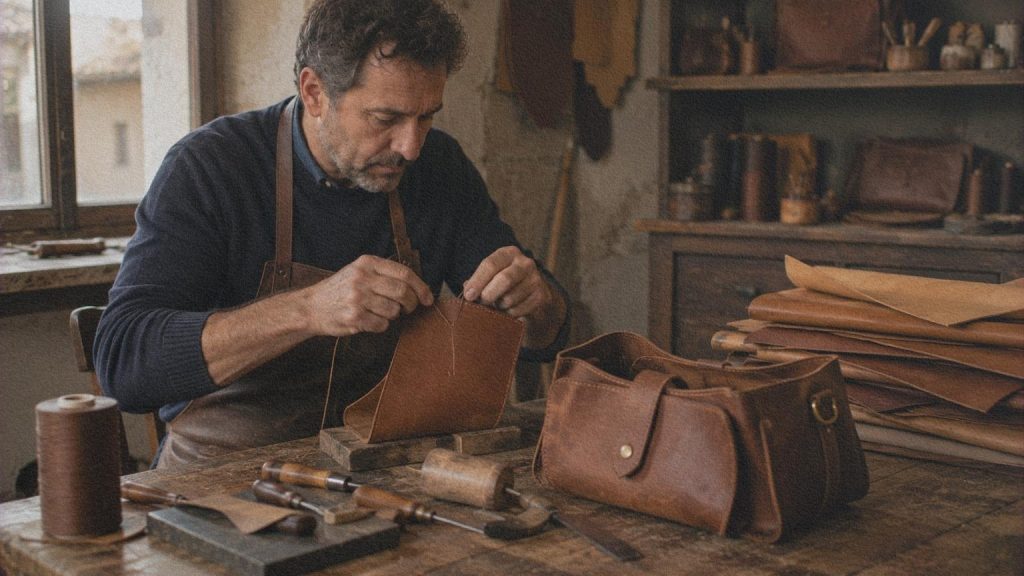Maroquinier cousant à la main un sac en cuir dans un atelier toscan.