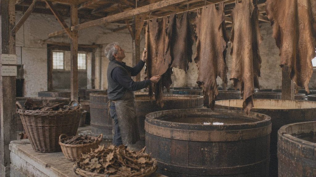 Artisan réalisant le tannage végétal de peaux dans une tannerie toscane.