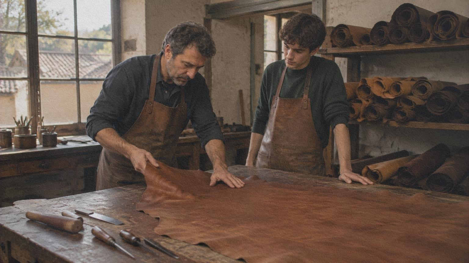 Artisan examinant une peau de cuir dans un atelier traditionnel de Toscane.