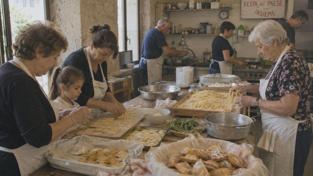 Habitants préparant ensemble des spécialités culinaires pour une fête de village italienne.