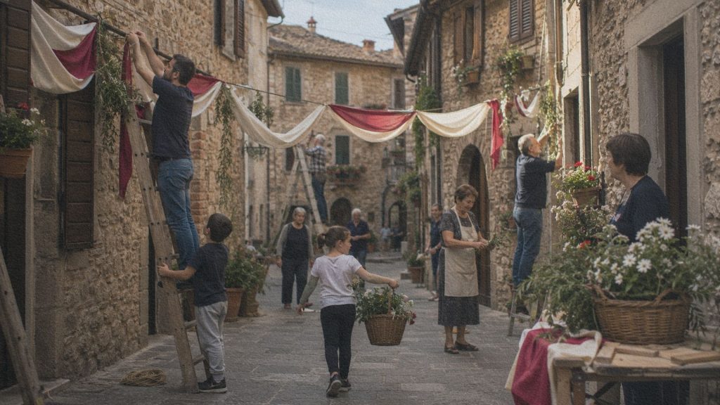 Habitants décorant les rues d'un village italien avant une fête locale.