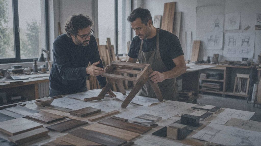 Designer et ébéniste étudiant un prototype en bois dans un atelier de création italien.