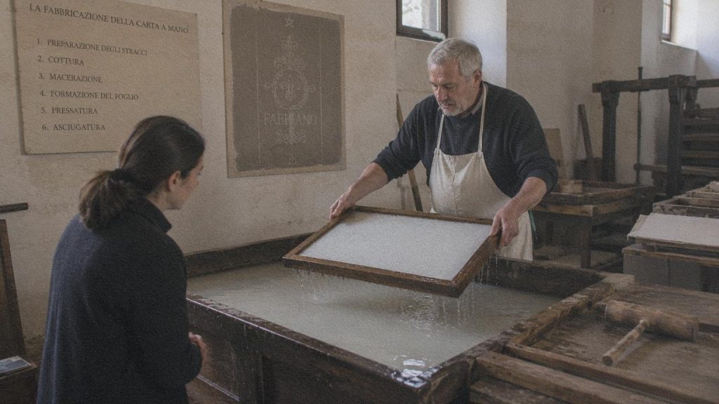 Papetier réalisant une démonstration de fabrication traditionnelle d'une feuille de papier au Museo della Carta e della Filigrana.