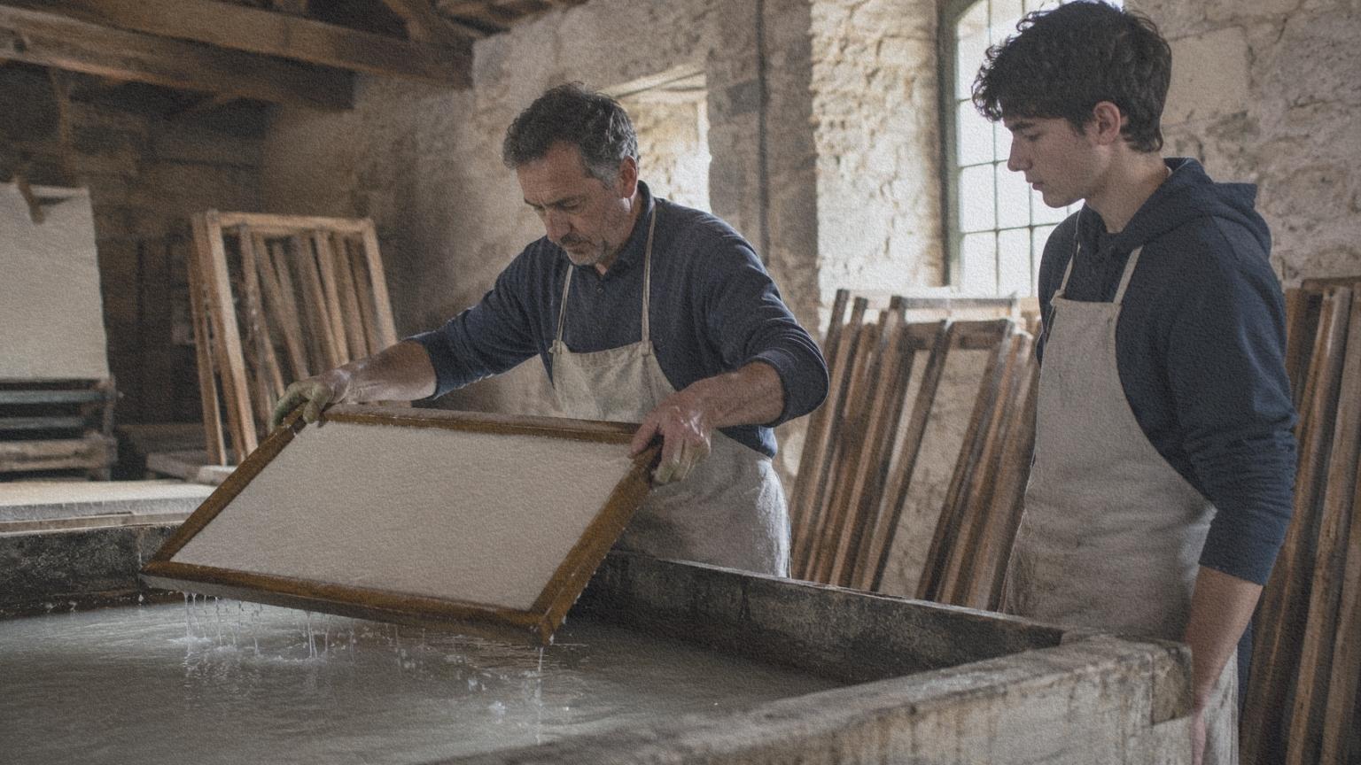 Papetier fabriquant une feuille de papier dans un atelier traditionnel de Fabriano.