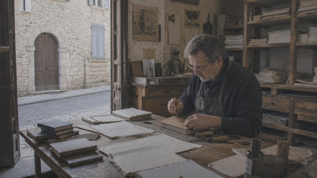 Artisan relieur travaillant dans un atelier du centre historique de Fabriano.