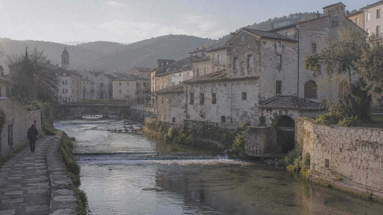 Vue de Fabriano traversée par la rivière Giano, à l'origine du développement de la fabrication du papier.