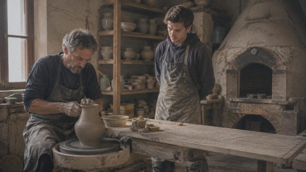 Maître céramiste façonnant une pièce sur un tour sous le regard d'un apprenti dans un atelier de Faenza.