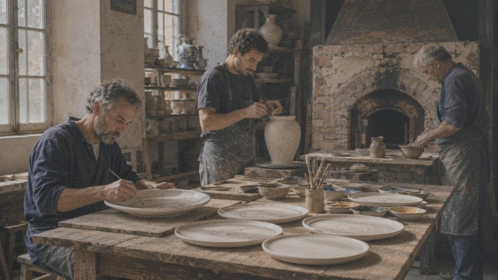 Céramistes travaillant des pièces en faïence dans un atelier traditionnel de Faenza.