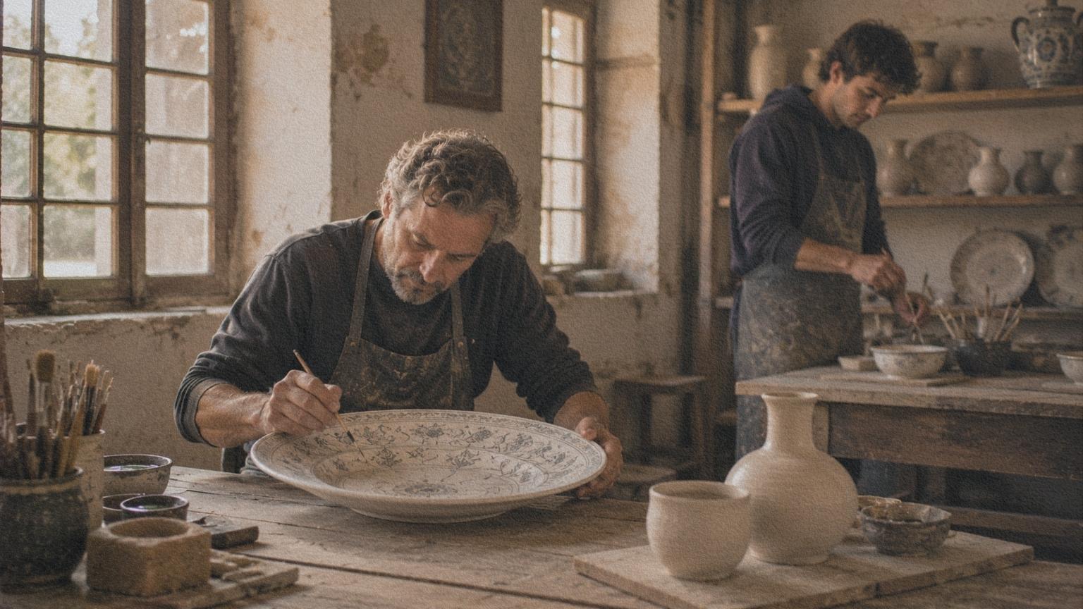 Artisan décorant une assiette en faïence dans un atelier traditionnel de Faenza.