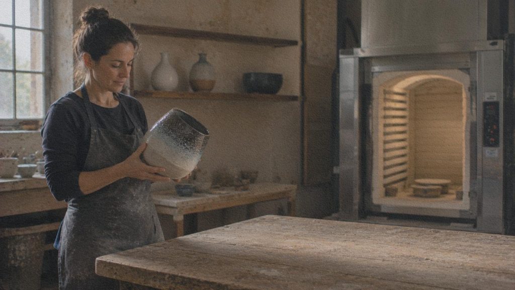 Artiste céramiste examinant une création contemporaine dans un atelier de Faenza.
