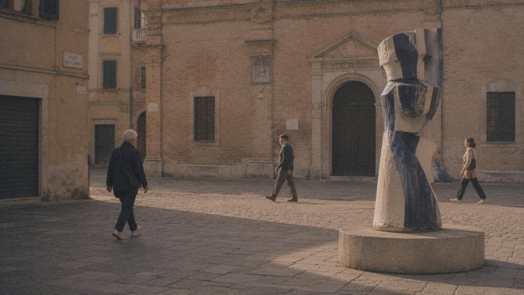 Sculpture contemporaine en céramique intégrée à une place publique de Faenza.