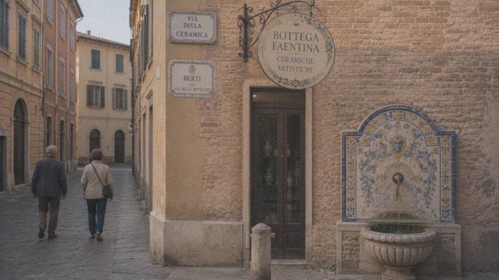 Plaques de rue et fontaine en céramique dans une rue du centre historique de Faenza.