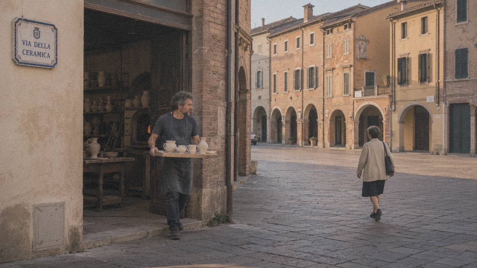 Artisan transportant des pièces en céramique devant un atelier du centre historique de Faenza.