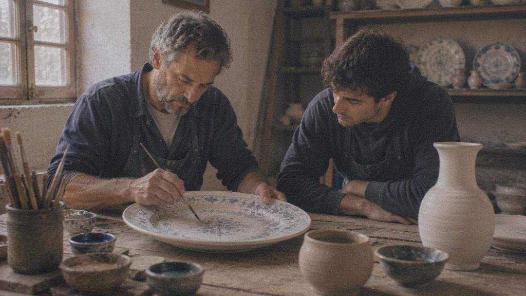 Maître céramiste transmettant son savoir-faire à un apprenti dans un atelier de Faenza.