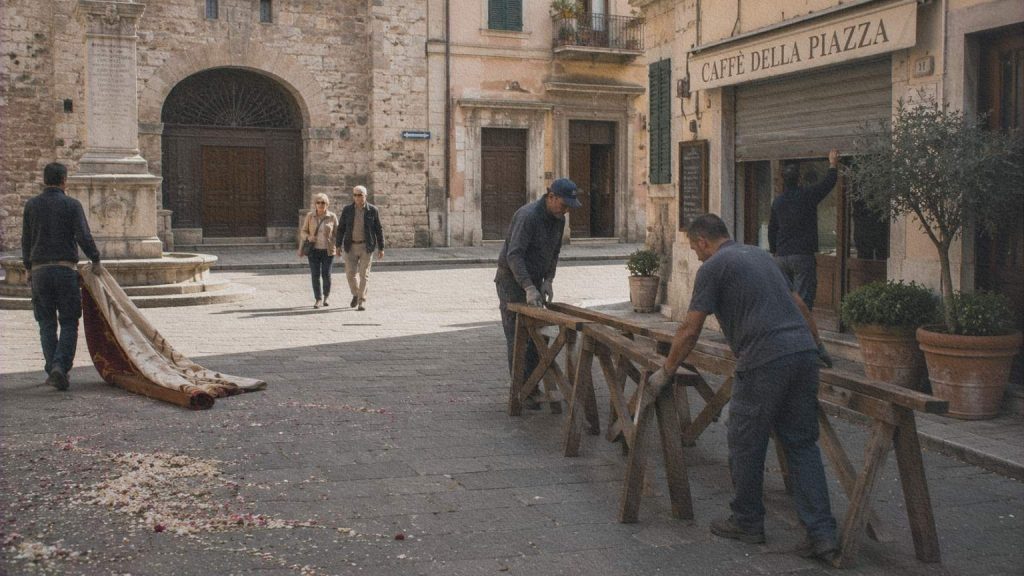Une place italienne retrouve son usage quotidien au lendemain d’une fête locale.
