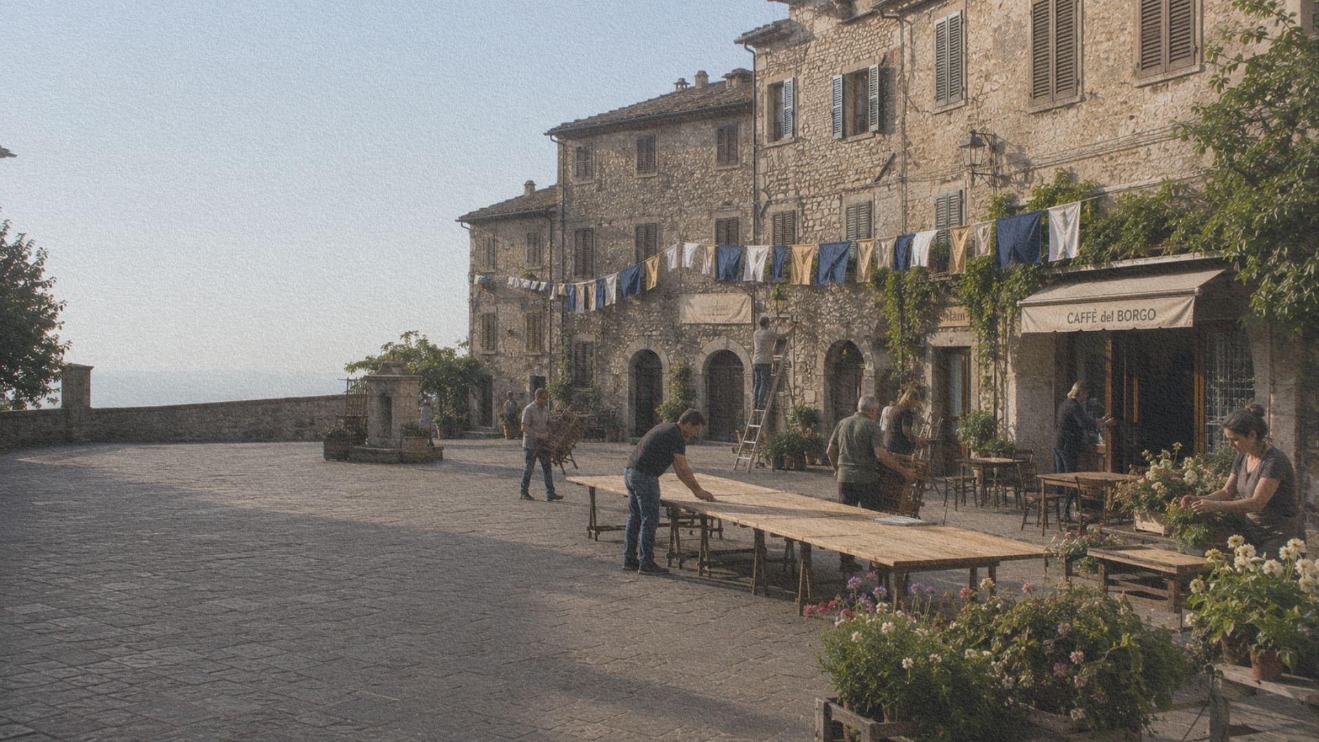 Habitants préparant une fête locale sur la place d'un village italien.