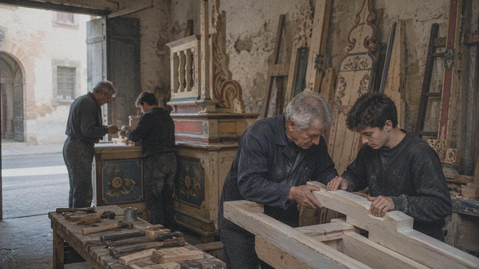 Des artisans italiens préparent une structure processionnelle en bois avant une fête locale.