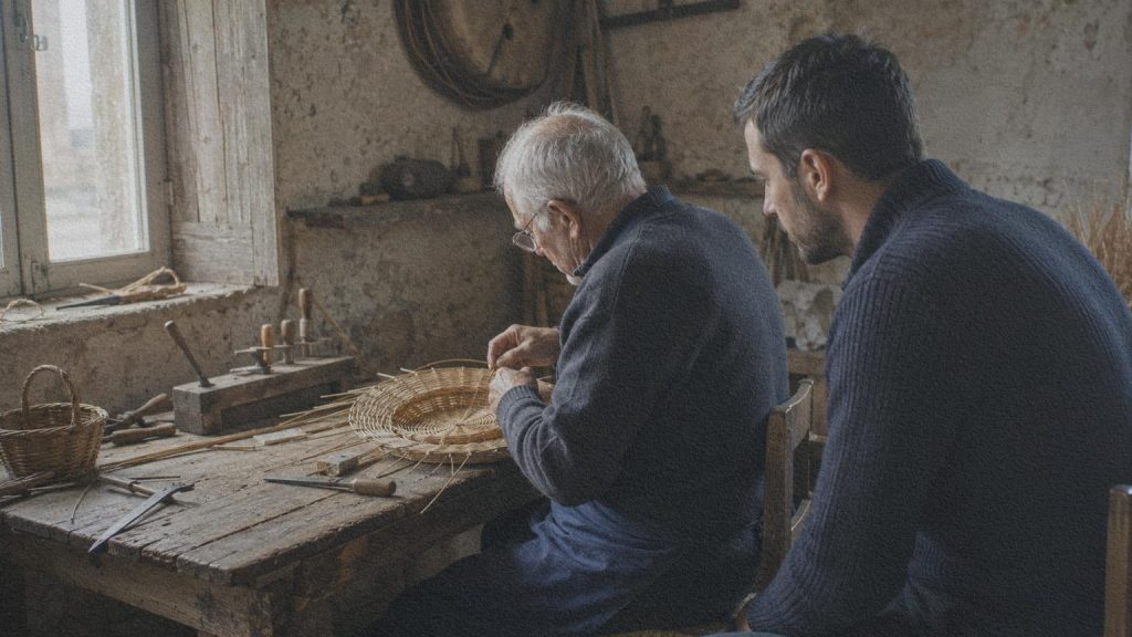Jeune adulte observant un artisan travailler dans un atelier traditionnel en pierre sur une île italienne.