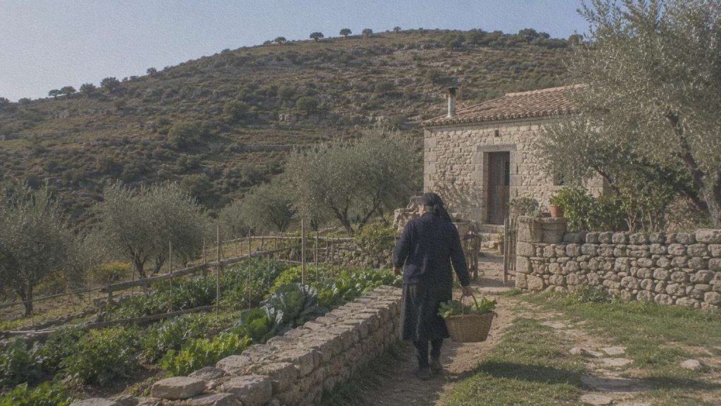 Personne portant un panier de légumes près d’une maison en pierre, d’un potager et d’oliviers sur une île italienne.