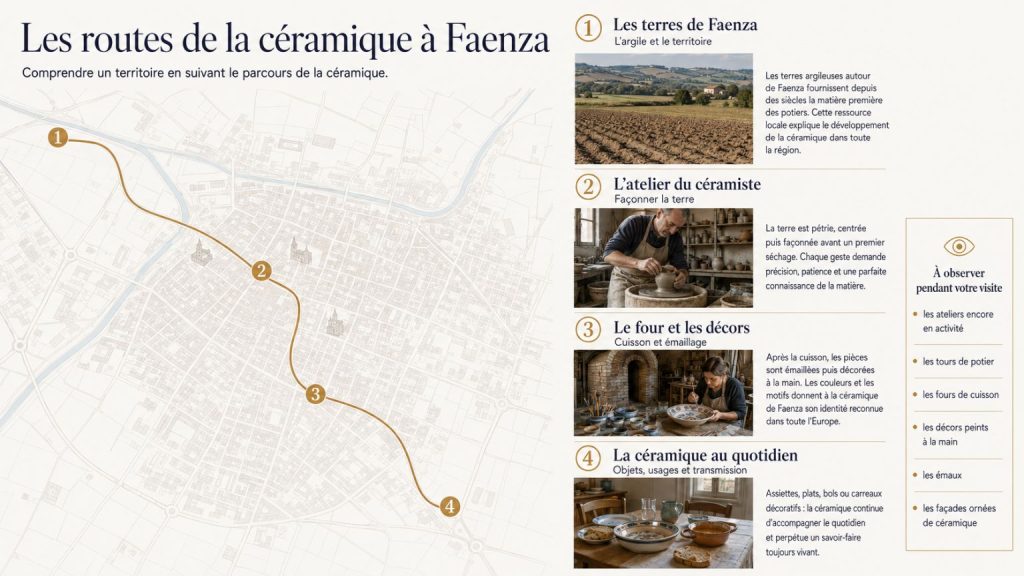 Infographie montrant le parcours de la céramique à Faenza, depuis les terres argileuses jusqu'aux ateliers de potiers et aux objets utilisés au quotidien.