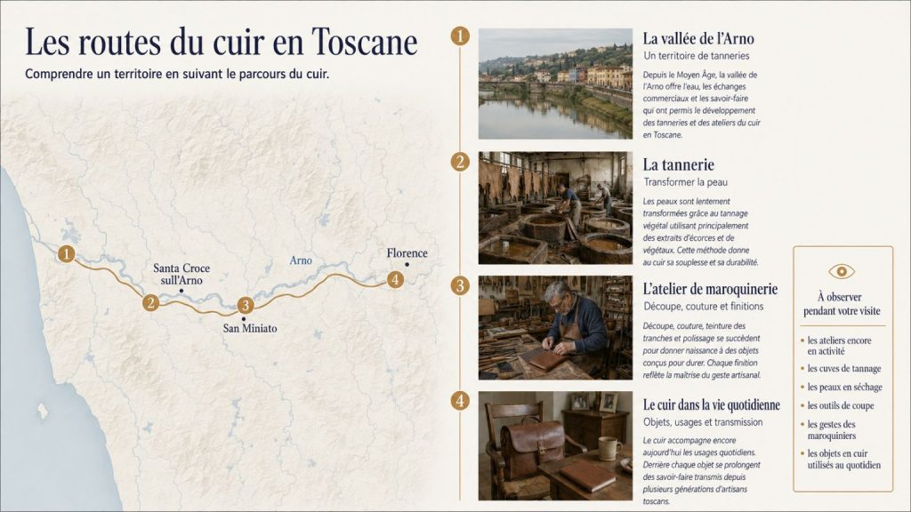 Infographie montrant le parcours du cuir en Toscane, de la vallée de l'Arno aux tanneries, aux ateliers de maroquinerie et aux objets du quotidien.