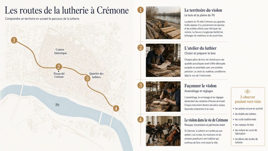 Infographie montrant le parcours de la lutherie à Crémone, du bois des Alpes aux ateliers de luthiers et à la transmission musicale.