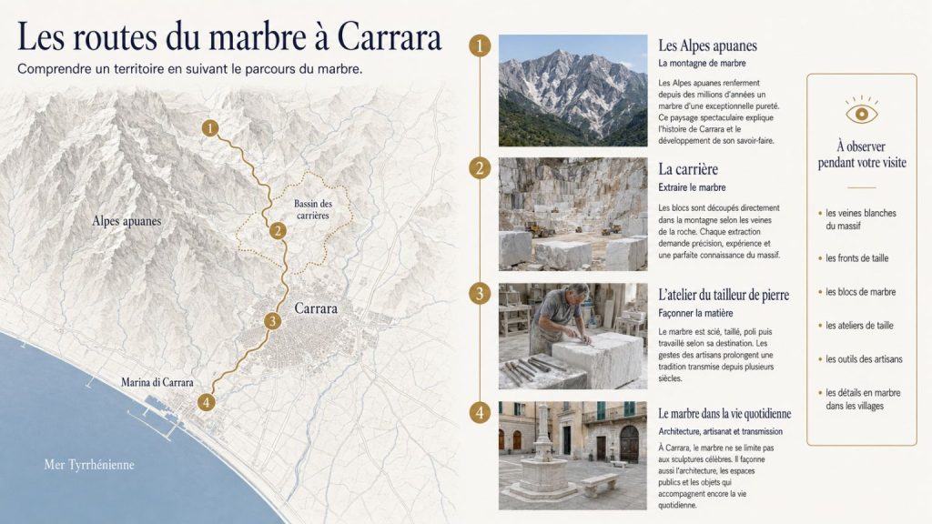 Infographie montrant le parcours du marbre à Carrara, des Alpes apuanes aux carrières, aux ateliers de taille et à son usage dans l'architecture.