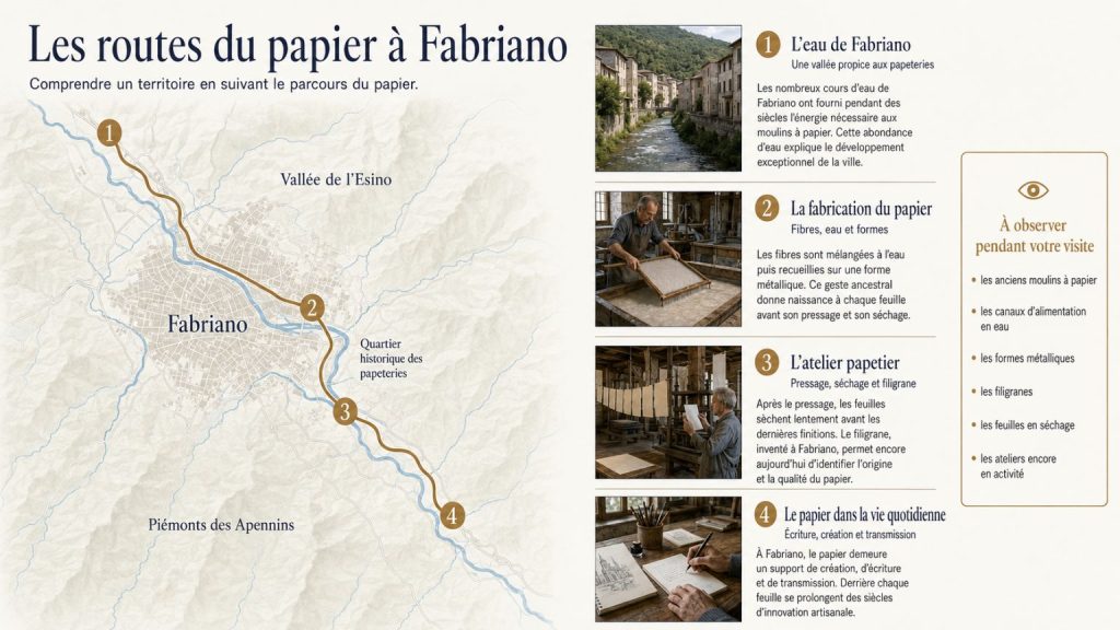 Infographie montrant le parcours du papier à Fabriano, des rivières aux papeteries, aux ateliers et aux usages artistiques et quotidiens.